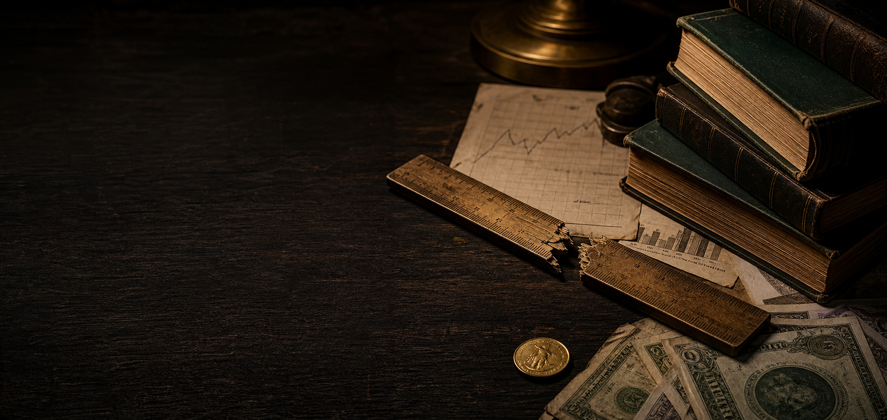 A cracked measuring ruler on a dark desk with old books, currency, and a gold coin.